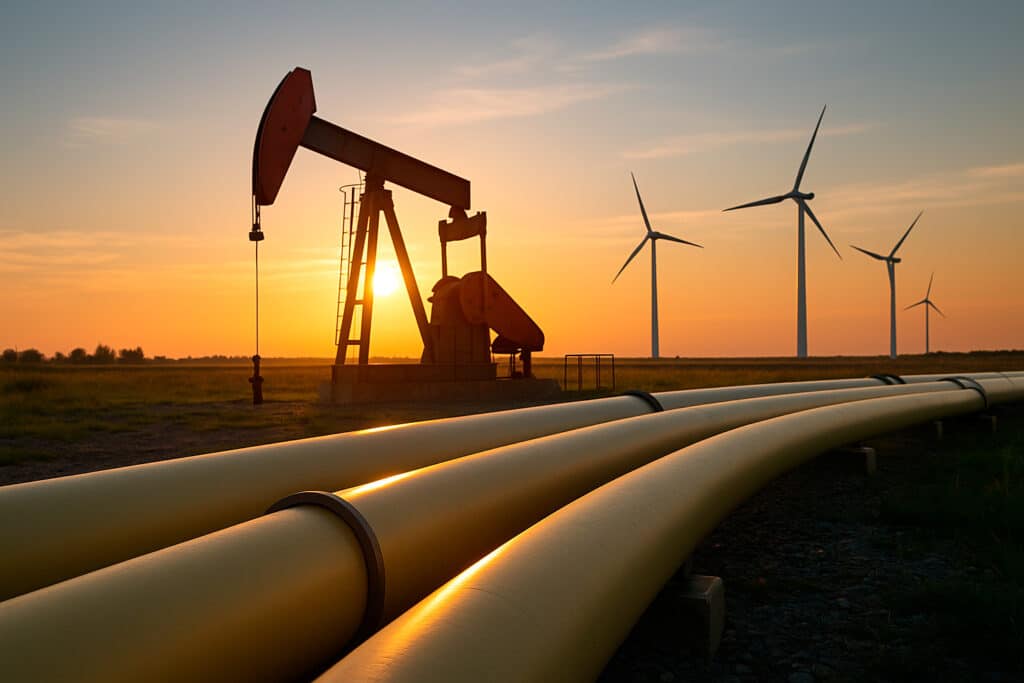 Energiforsyning - olieboring, gasrør, vindmøller