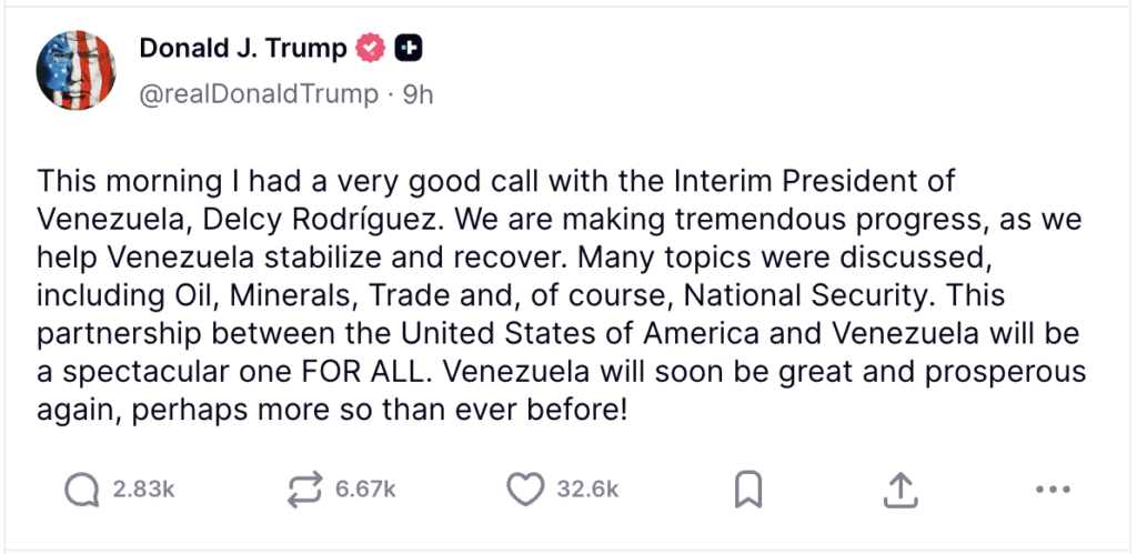 Trump opslag på Truth Social om Venezuela