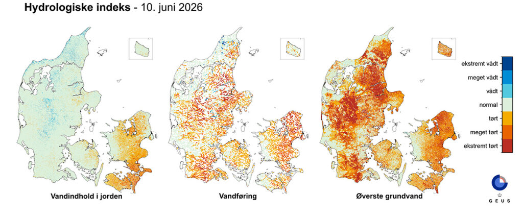 De hydrologiske indeks for Danmark for den 10. juni 2026, GEUS