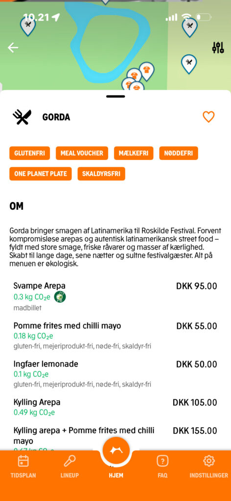 Skærmbillede fra Roskilde Festival app, madbod