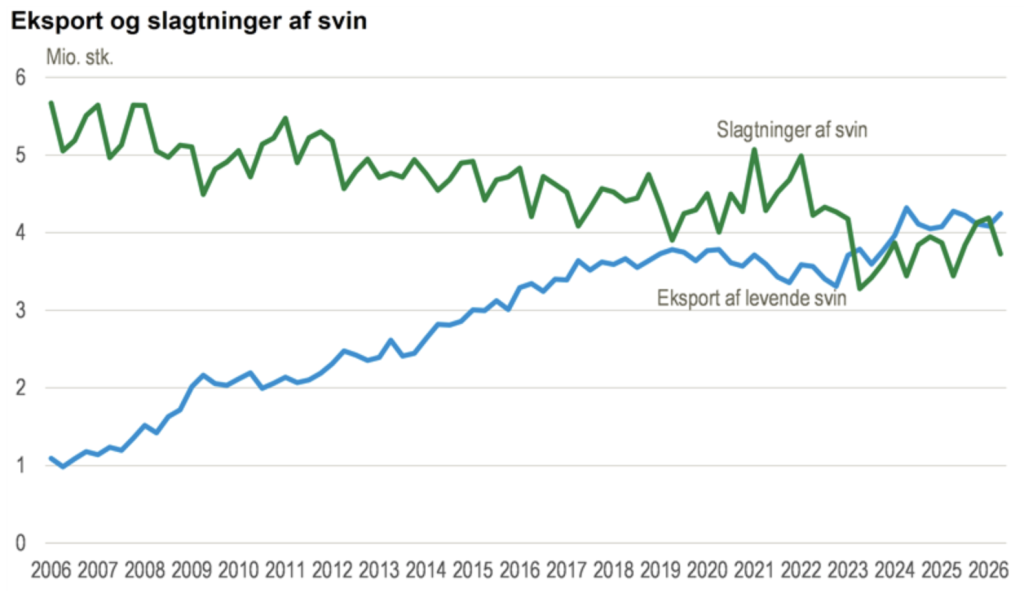 Antallet af eksporterede svin, sammenlignet med antallet af slagtede svin i Danmark.